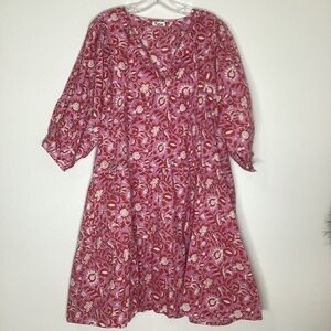 Karni Block Print Dress Balloon Sleeves Pink Red Floral M/L